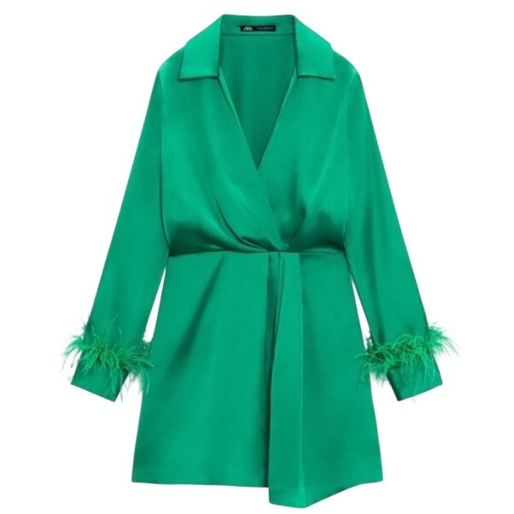 Zara Satin Feather Mini Autumn Wedding Guest Dressβ Women XL Green Glam Holiday